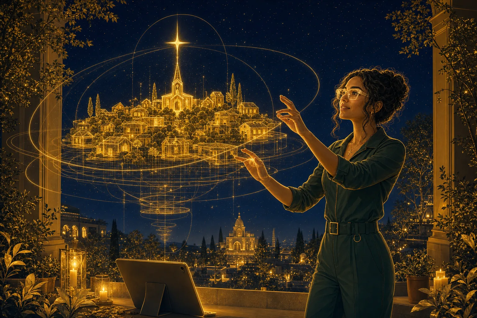 A young architect shaping a floating gold model of a village with both hands, a North Star Cross above its chapel