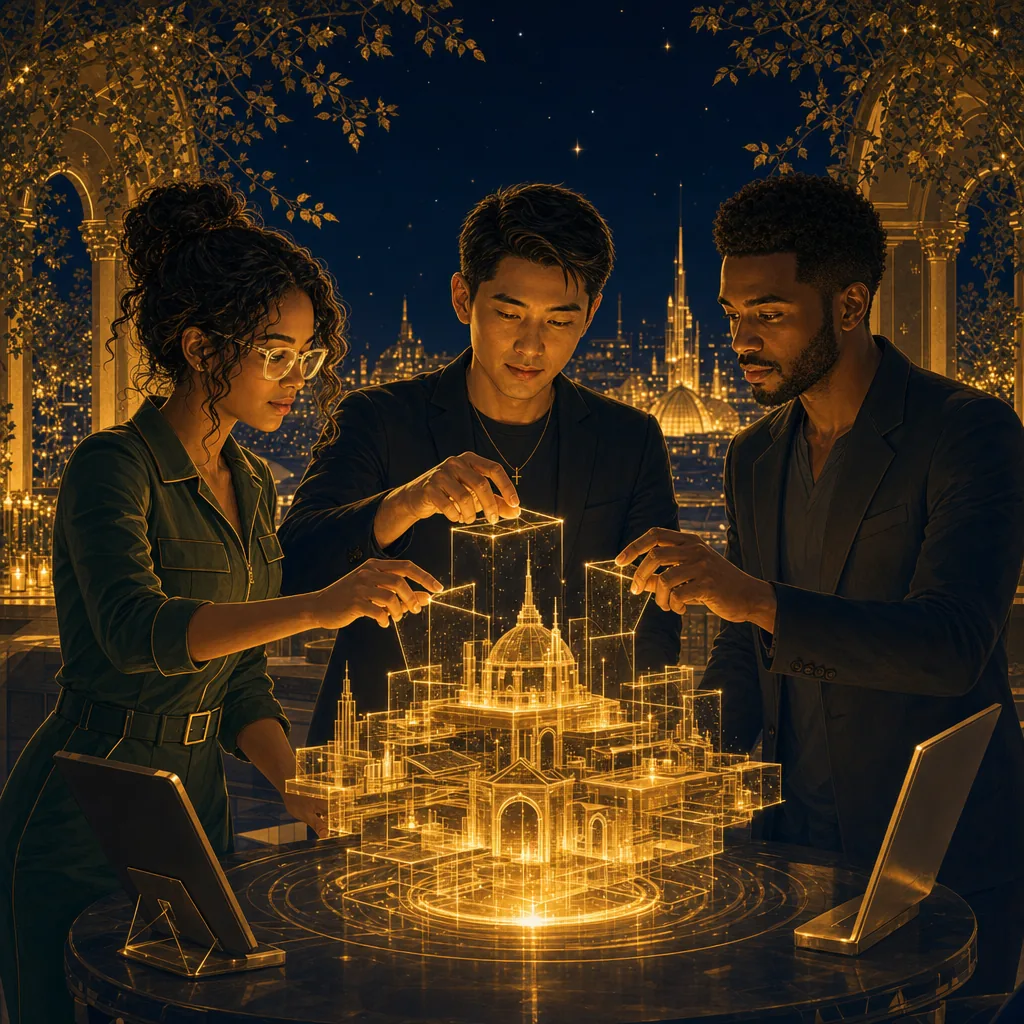 Three Kingdom technologists reaching together into a glowing gold structure they are shaping in the air