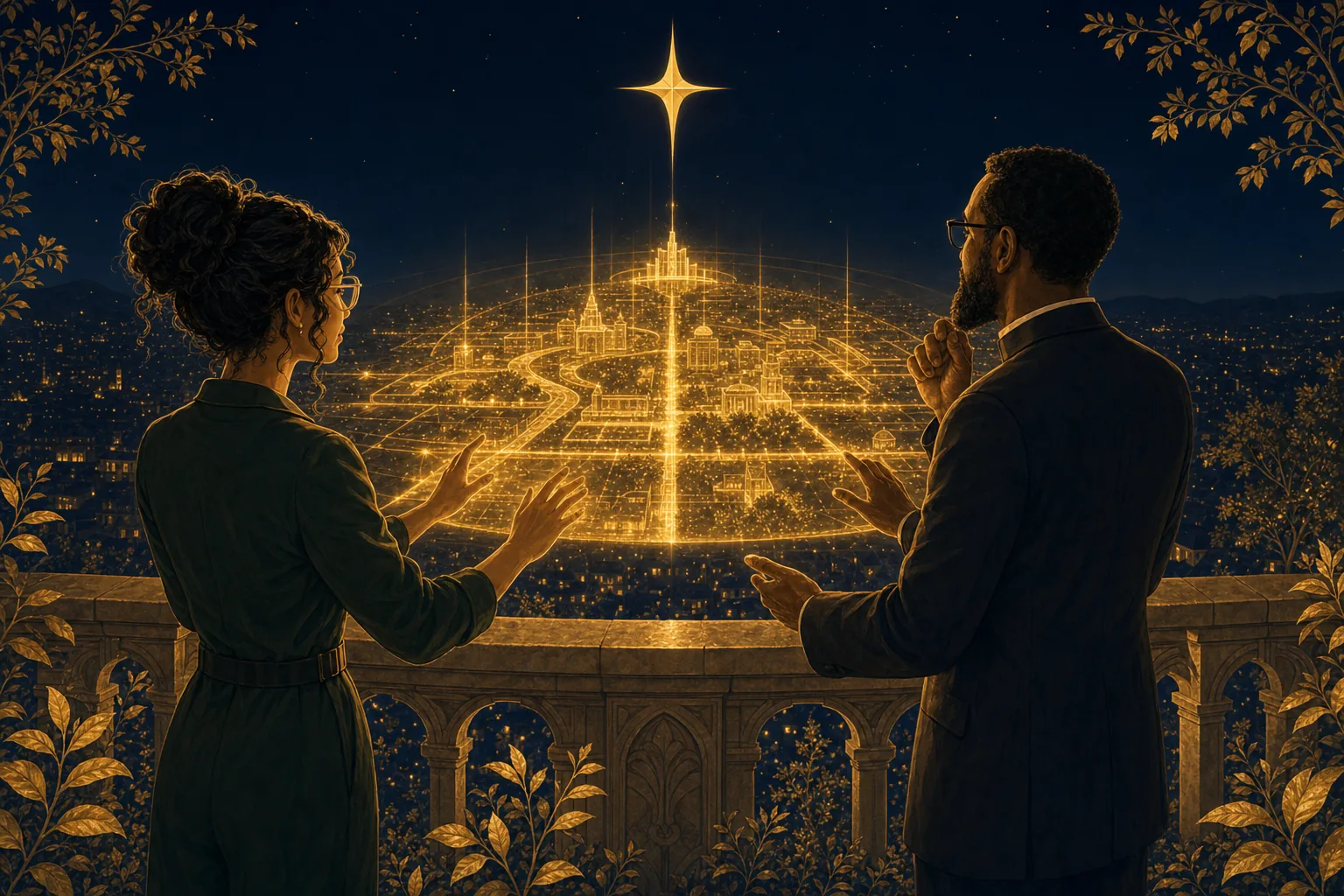 A planner and a pastor standing over a vast gold city plan projected in the air above a night terrace
