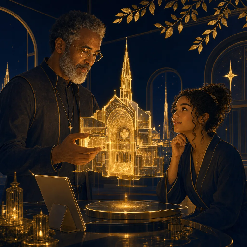 An older builder turning a glowing gold cathedral section toward a younger one to show her something inside it