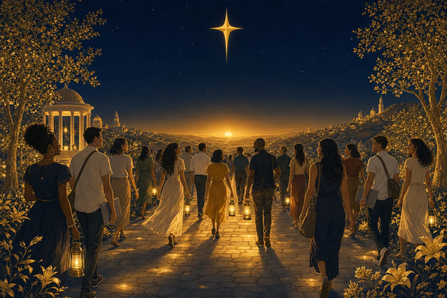 The fellowship walking out together along a lamplit path toward a breaking dawn