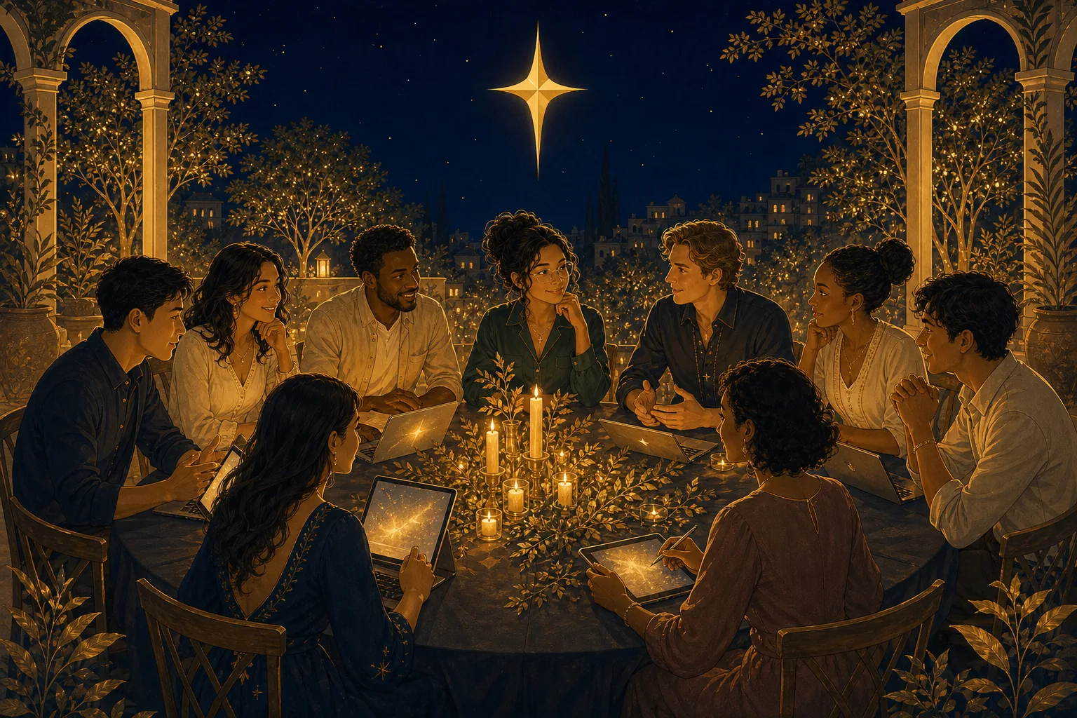 Kingdom technologists seated all the way around a circular table by candlelight, no one at the head