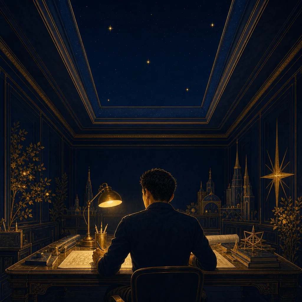 A builder alone at a small desk in a wide empty room, scattered unconnected stars above him