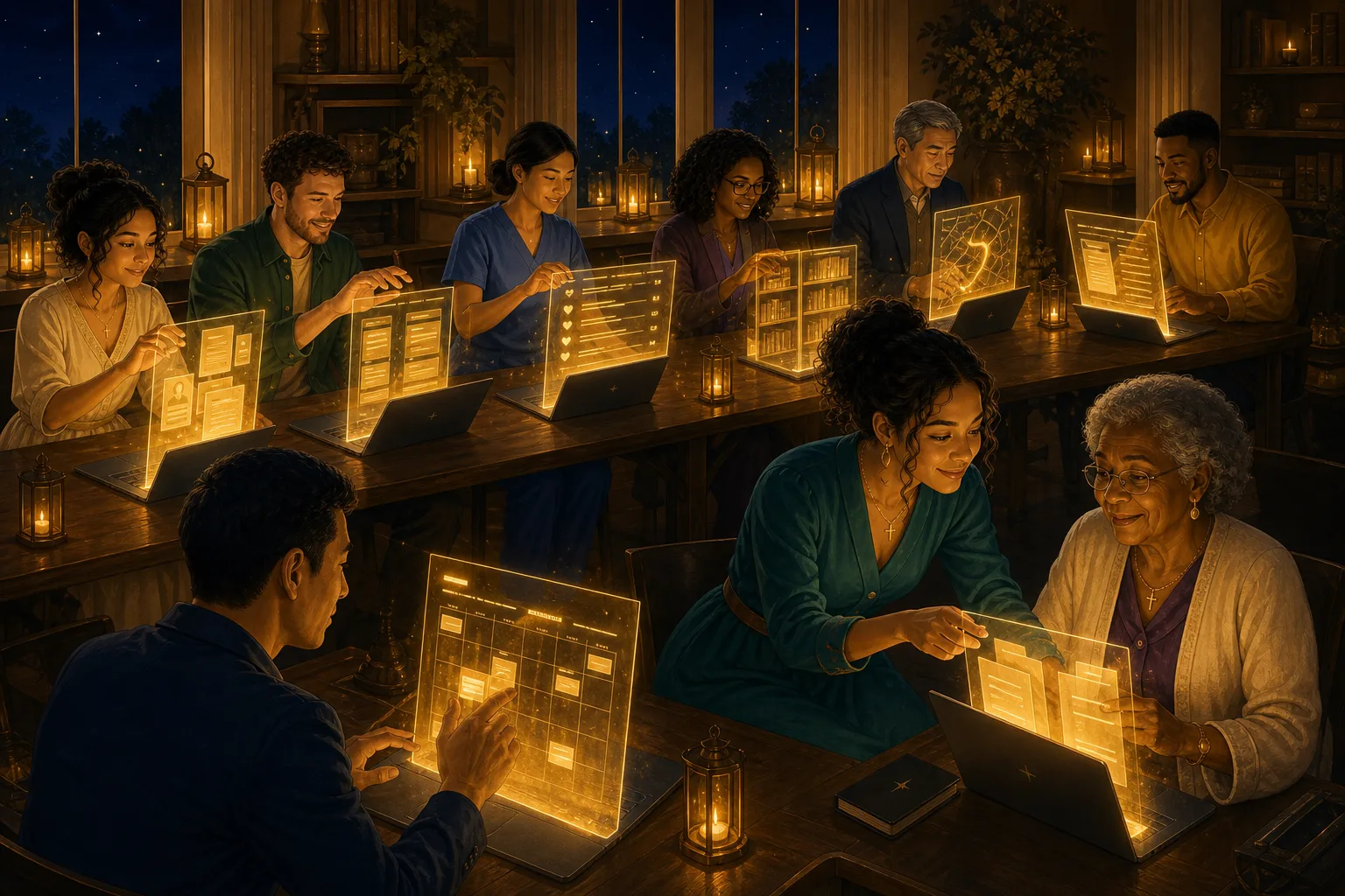 A dozen public servants around tables at night with open laptops, warm gold work rising in the air above them, a volunteer leaning in beside one of them