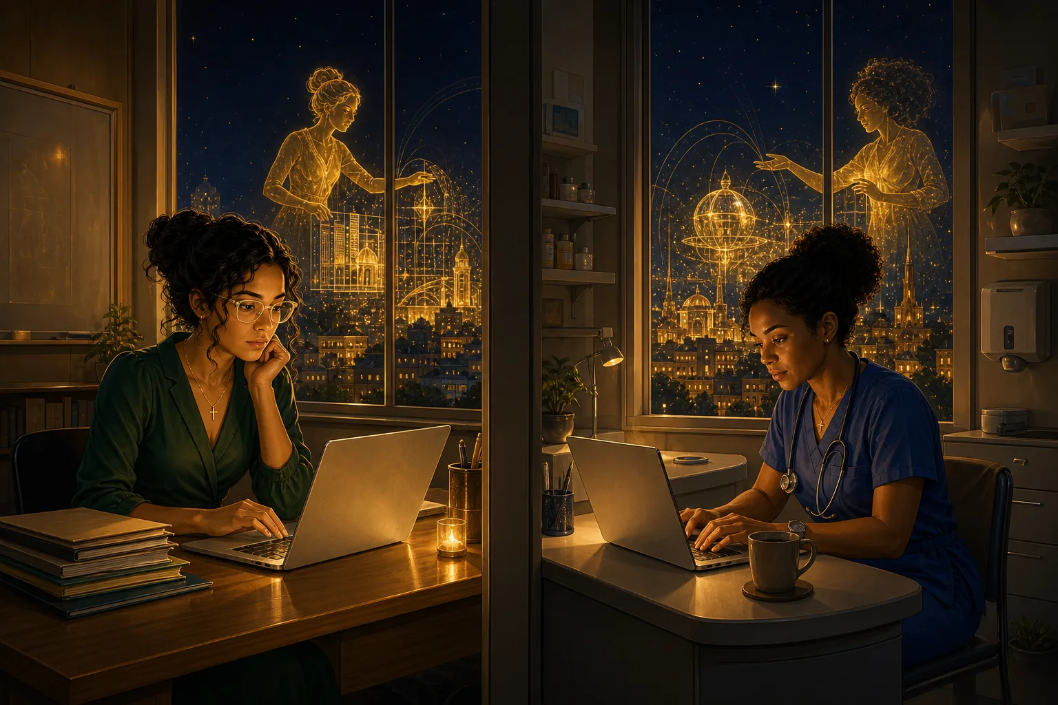 A teacher and a nurse working late at night at their own open laptops in two different buildings, a glowing gold city of work rising far beyond their windows